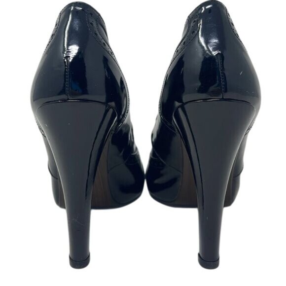 Stuart Weitzman patent leather Oxford Wingtip Heels Boot Buckle, Sz 9, 4.5” Heel - Picture 6 of 15